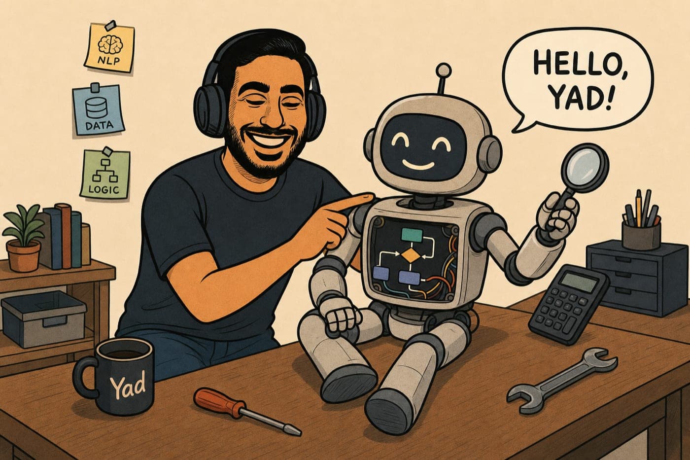Cartoon of a smiling developer kneeling beside a half-assembled robot on a workbench; the robot's open chest reveals a flowchart of nodes and says 'Hello, Yad!'.