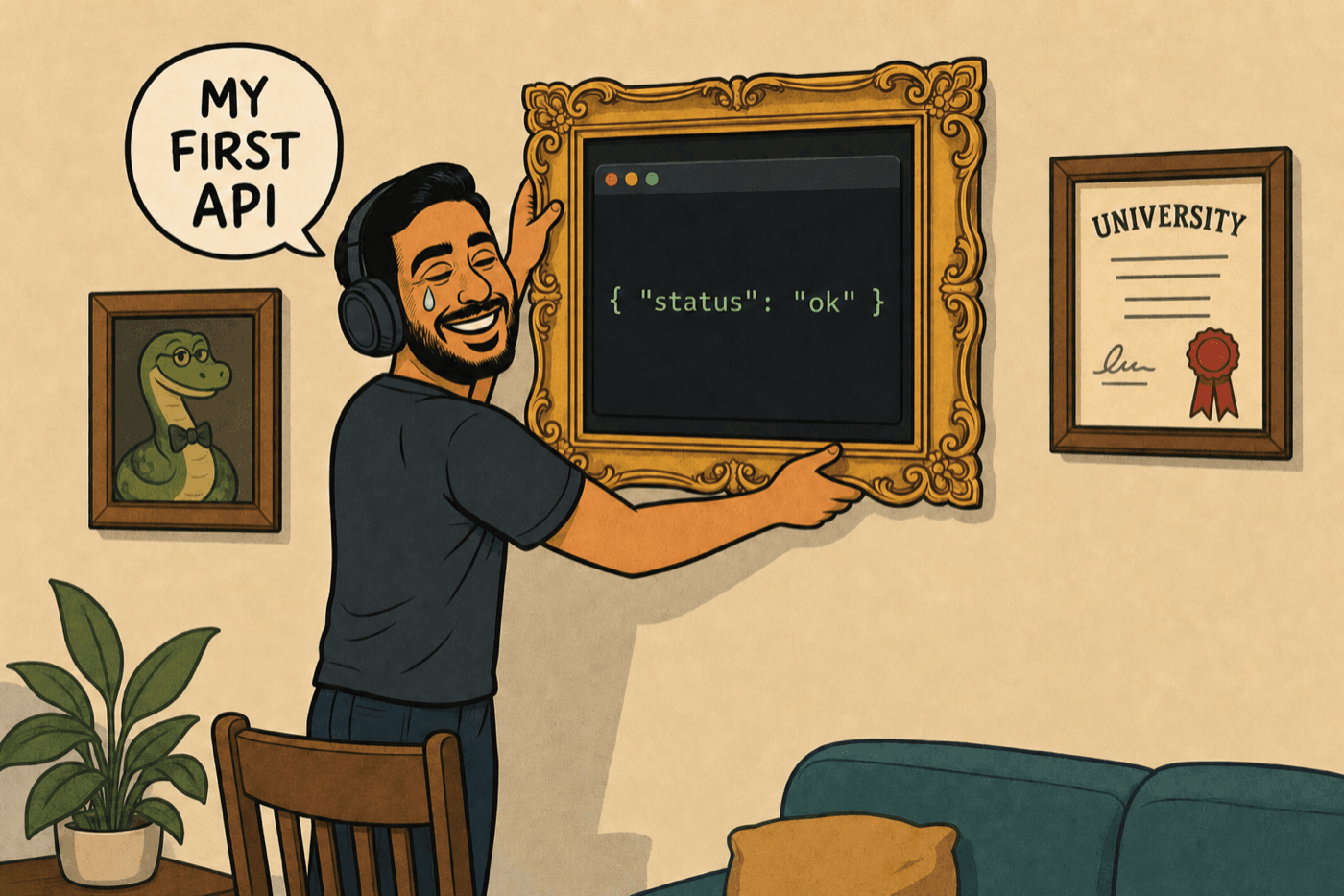 Comic: Yad, a bearded developer with headphones, stands on a chair hanging an ornate gold frame on his living-room wall, right between his university diploma and a formal ancestor-style portrait of a green python wearing a bow tie. Inside the gold frame: a terminal printing {"status": "ok"}. He sheds a single proud tear and says "MY FIRST API".