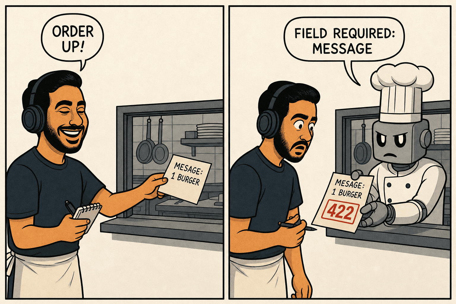 Comic in two panels: Yad, a bearded developer with headphones dressed as a waiter, cheerfully passes an order slip reading "MESAGE: 1 BURGER" through a kitchen window, calling "ORDER UP!". In panel two, a stern robot chef in a tall chef hat hands the slip back stamped with a big red 422, saying "FIELD REQUIRED: MESSAGE".