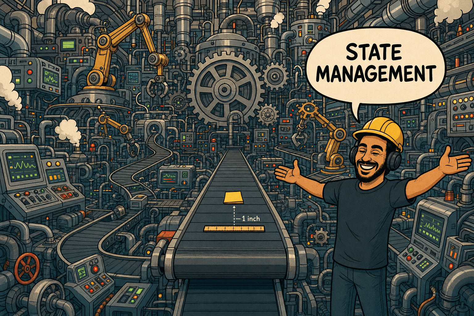 Comic: Yad, a bearded developer in a yellow hard hat, stands beaming beside a colossal factory hall packed with giant conveyor belts, gears, pipes, and robotic arms. In the center of all that machinery, a single small yellow sticky note has ridden a conveyor belt about one inch. Yad presents the whole contraption with both arms and declares "STATE MANAGEMENT".