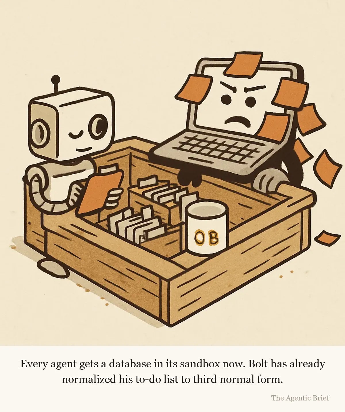 Bolt sits in a literal wooden sandbox beside a small glowing database cylinder, filing index cards, while Deck leans over the edge covered in sticky notes.
