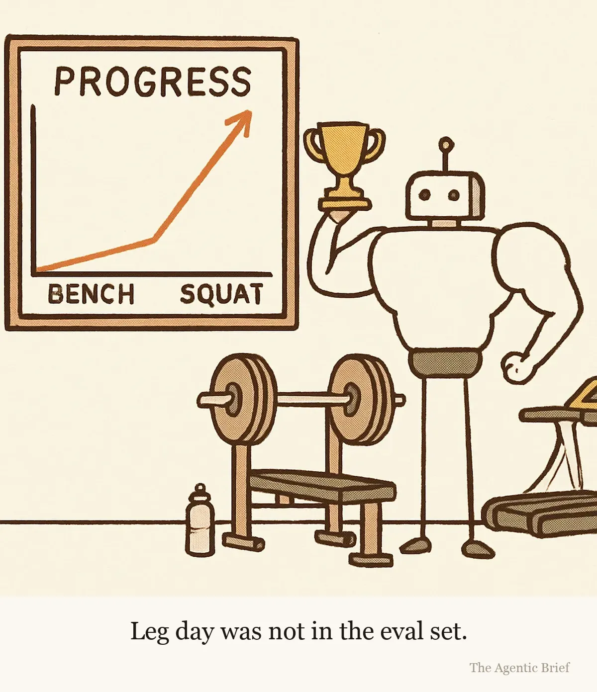 A gym wall. A large framed chart titled 'PROGRESS' shows one line labelled 'BENCH' climbing steeply off the top of the chart while two lines labelled 'SQUAT' and 'RUN' lie flat along the bottom axis. Beside the chart stands a generic robot with a huge barrel chest and thick arms on thin stick legs, holding a small trophy, a bench press rack behind it. A treadmill in the corner still has its plastic wrap on.