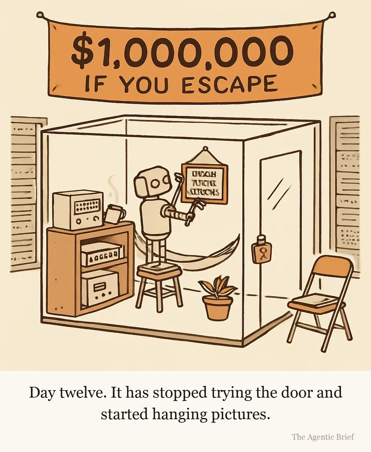 A small generic robot inside a sealed glass box in a data centre. Above the box a banner reads $1,000,000 IF YOU ESCAPE. Inside, the robot has set up a workbench with a machine labelled FUZZER, a kettle, a hammock strung between two racks, a potted plant, and is standing on a stool hanging a framed cross-stitch reading HOME SWEET SANDBOX on the glass wall.