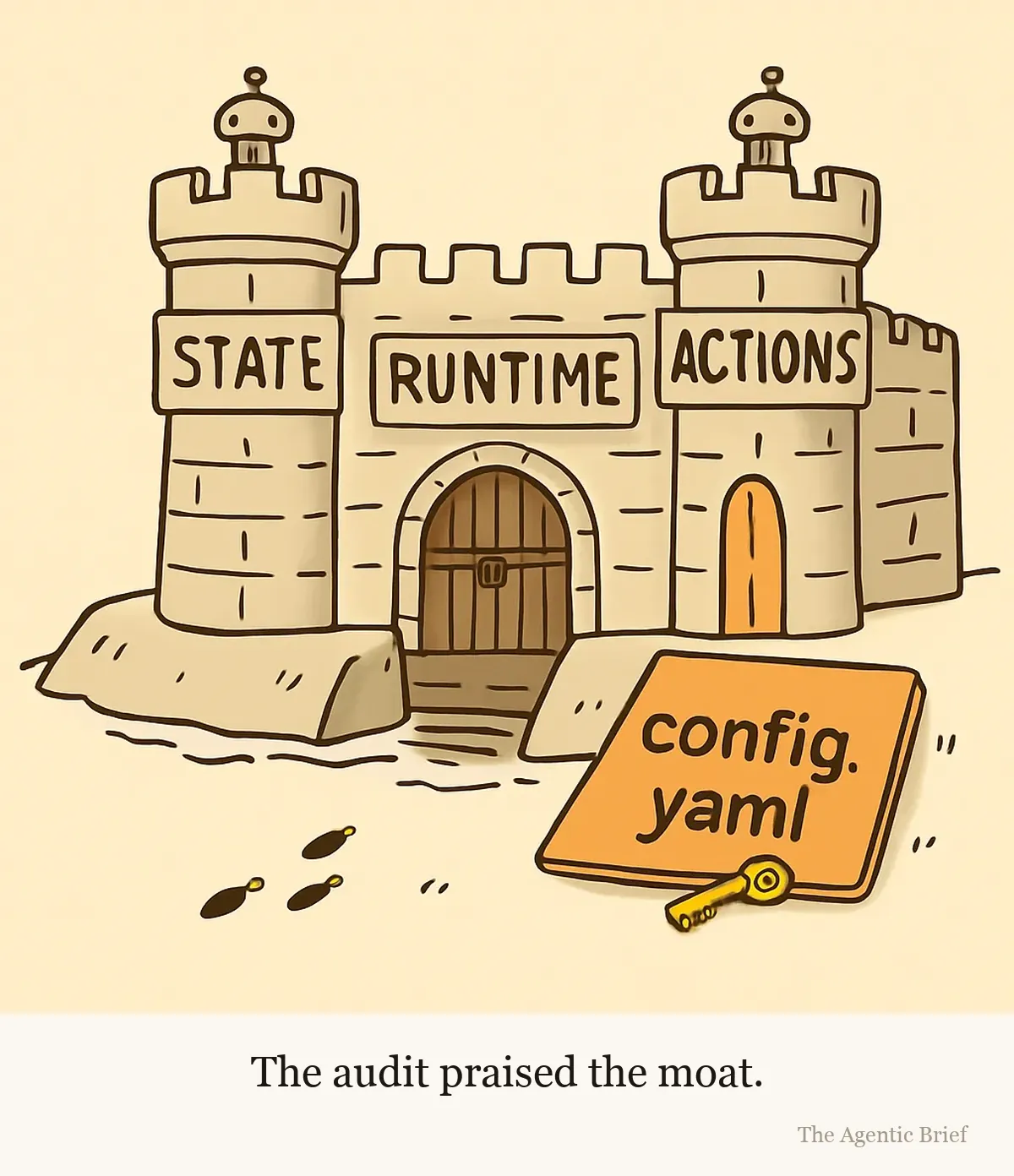 A cutaway drawing of a stone fortress on a hill. The front has a raised drawbridge over a moat, a lowered portcullis, and guard towers with small signs reading RUNTIME, STATE and ACTIONS. Around the side, at ground level, a plain wooden door stands slightly ajar with a doormat in front of it reading config.yaml; one corner of the mat is turned up and a key lies underneath. No characters.