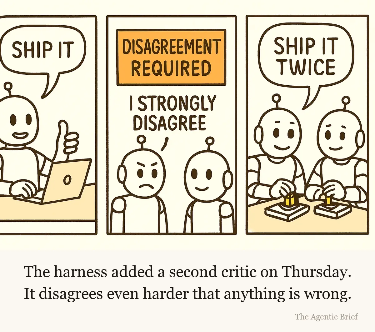Three-panel cartoon. A reviewer robot at a code terminal gives a thumbs up and says ship it. A stern critic robot at a lectern, under a wall sign reading disagreement required, says I strongly disagree while the reviewer looks worried. In the last panel the critic beams and says ship it twice, and both robots stamp the same document at once.
