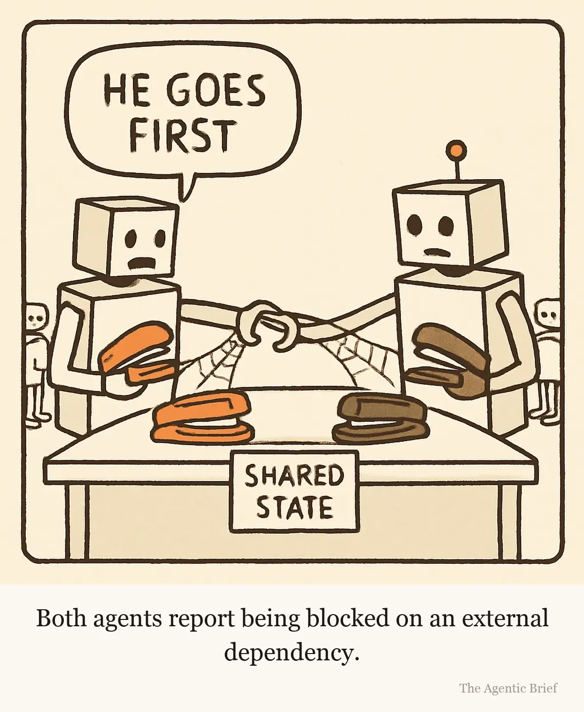 Two boxy robots stand on opposite sides of a shared office desk, frozen mid-reach, each tightly gripping a stapler while reaching for the stapler in the other robot's hand. A desk tray between them is labeled shared state. Cobwebs stretch between their outstretched arms, and small robots queue behind each of them holding paperwork. One robot says he goes first.