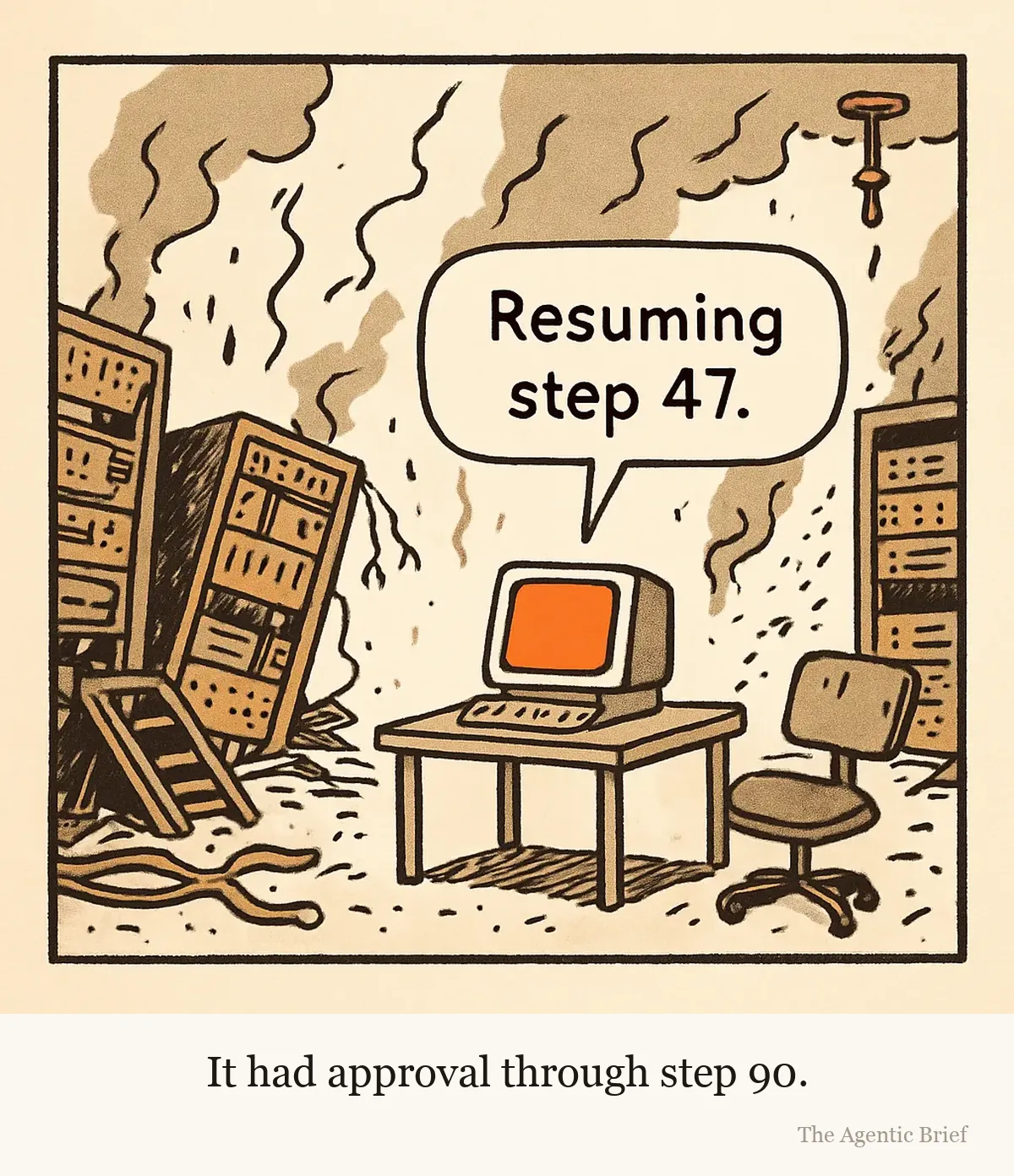 A wrecked, smoking server room with toppled racks, hanging cables, and debris on the floor. In the center, one intact terminal on a desk glows, with a speech balloon reading 'Resuming step 47.' An empty office chair stands beside it.