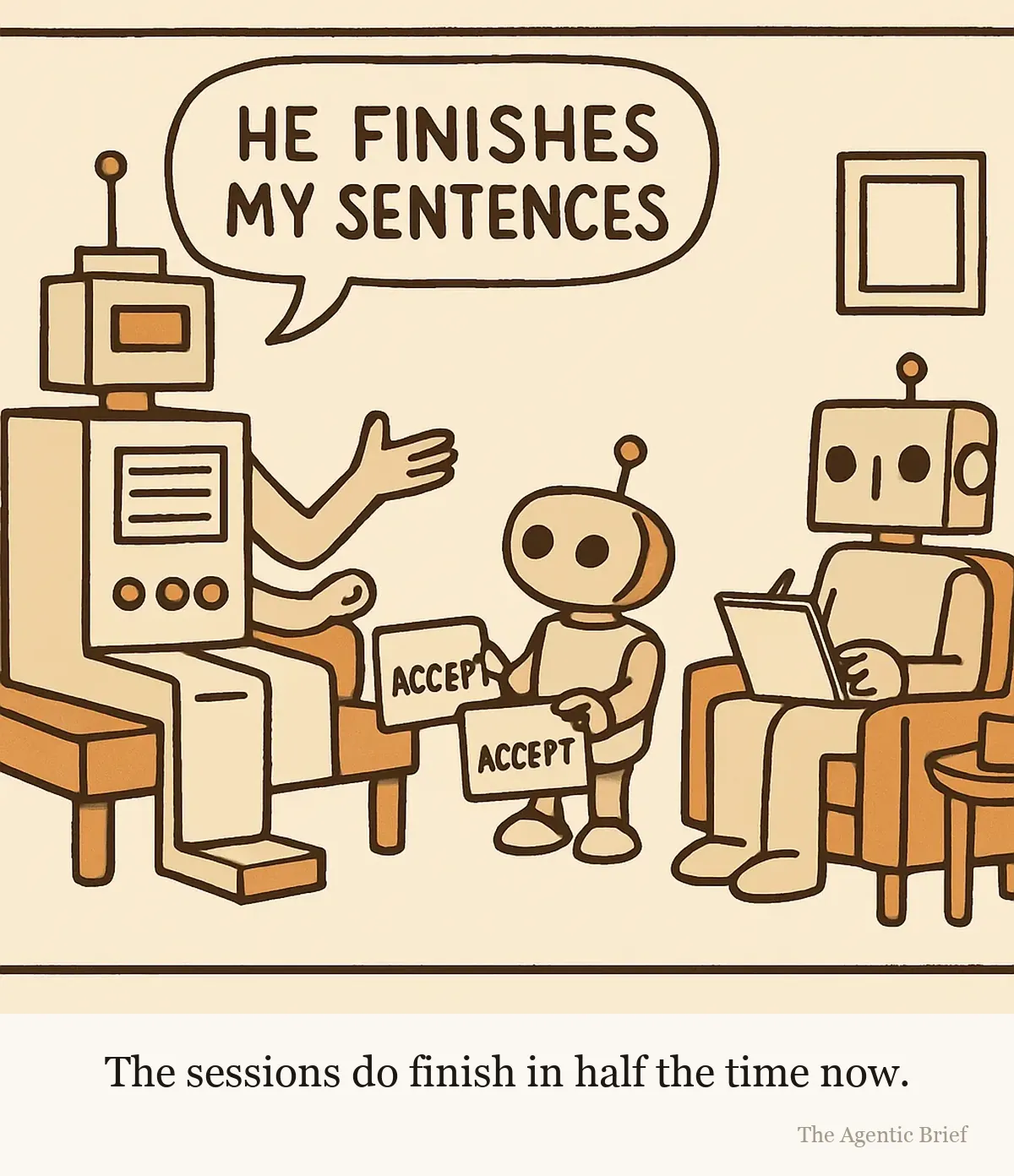 A therapist's office. On the couch, a large tower-shaped robot gestures in complaint, with a speech balloon reading 'He finishes my sentences', while its other arm presses a rubber stamp reading 'accept' onto a long paper strip of suggested words held up by a very small robot beside it. A therapist robot in an armchair takes notes.