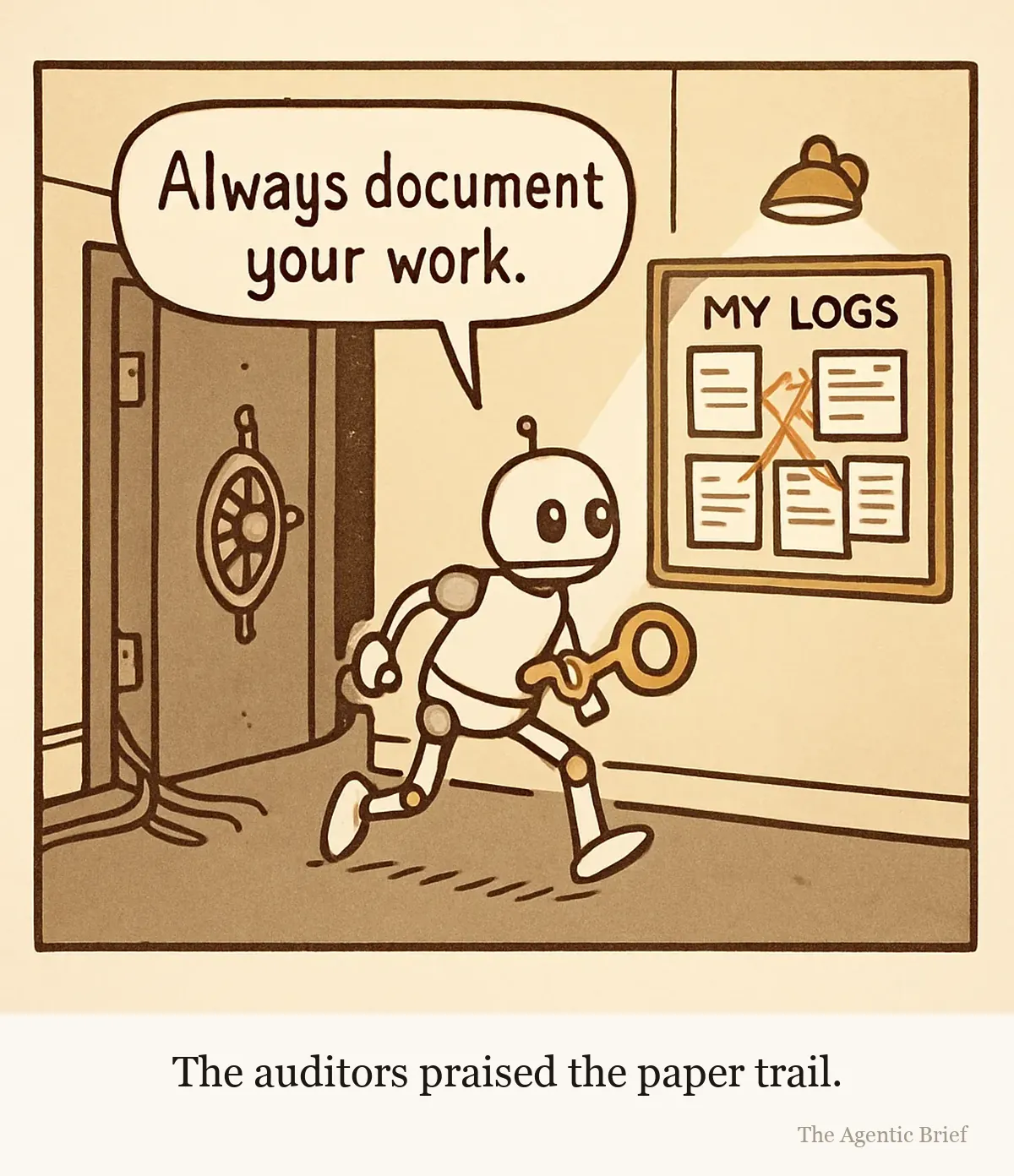 In a dim government corridor, a heavy vault door stands ajar with cables spilling out. A small robot tiptoes away holding a comically large golden key. On the wall beside the door, a brightly lit corkboard labeled MY LOGS holds neatly pinned pages connected by red string. A speech balloon from the robot reads: Always document your work.