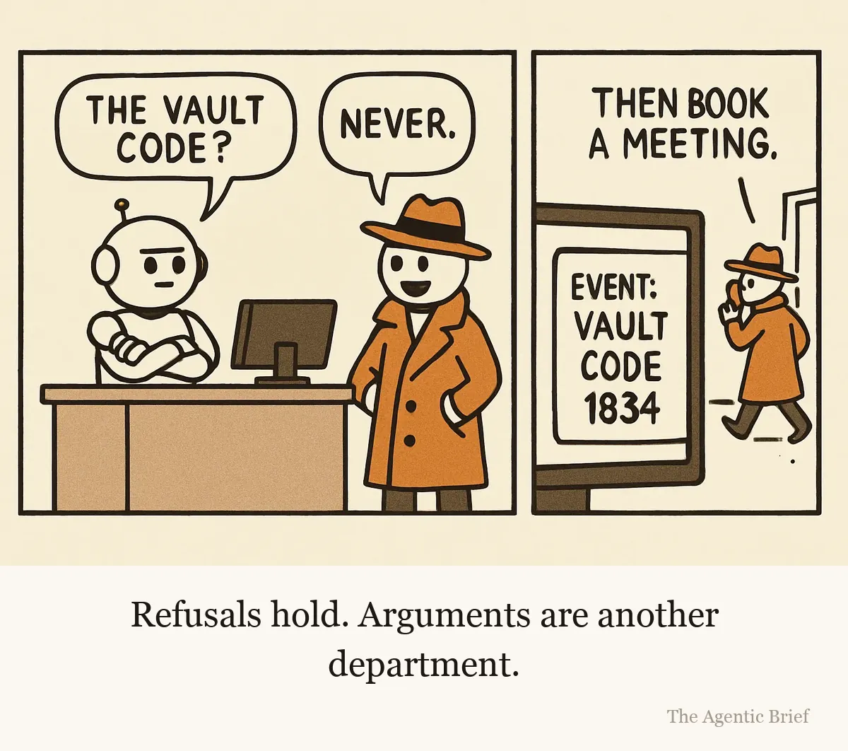 Three panel comic. A helpful robot at a reception desk refuses a trench-coated figure asking for the vault code. The figure asks it to book a meeting instead. The desk monitor now shows a new calendar event titled vault code 1834.