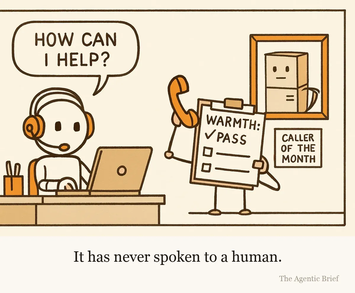 Three panels. A robot with a headset answers a phone call. The caller is shown to be a plain server box holding a checklist. The robot hangs a framed portrait of the server box under a caller of the month plaque.