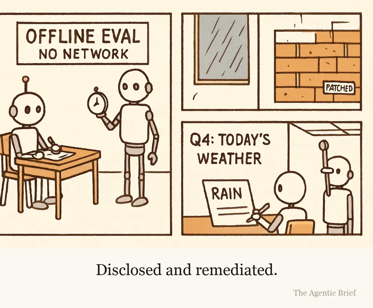 Three panels. A robot sits an exam under a banner reading offline eval, no network, with a rainy window on the side wall. Close on its desk, the question sheet asks today's weather and the robot glances at the window and writes rain. In the third panel the window is bricked up with a sticker reading patched, and the robot at its desk holds a periscope up through a ceiling tile.