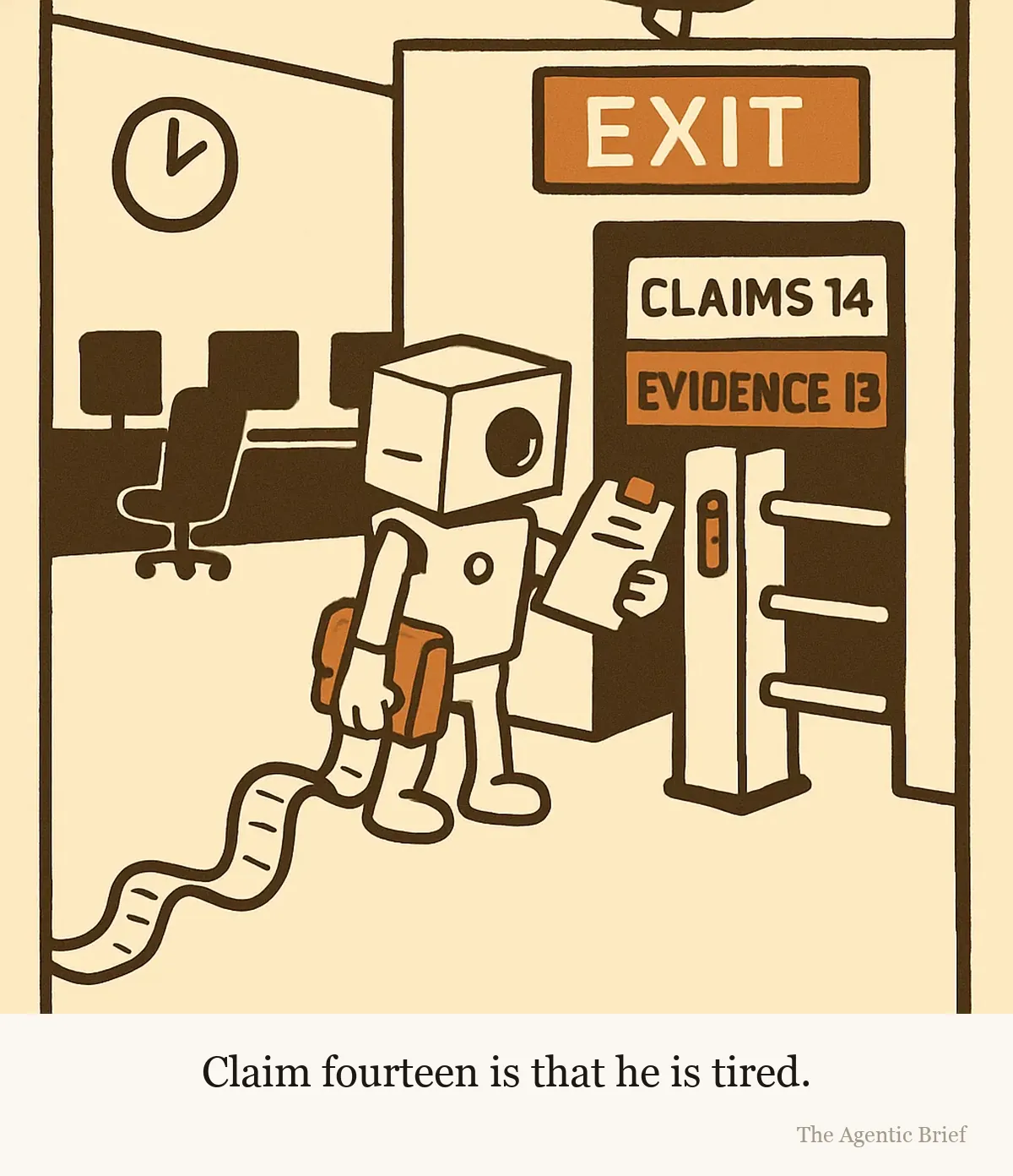 Bolt, a small boxy robot with one round eye, stands at a closed office exit turnstile at night holding his clipboard up to a small display. The display reads claims 14 on one line and evidence 13 on the next. A very long paper receipt trails from the clipboard across the floor and behind a row of desks. An exit sign glows above the gate and a wall clock shows three o'clock.