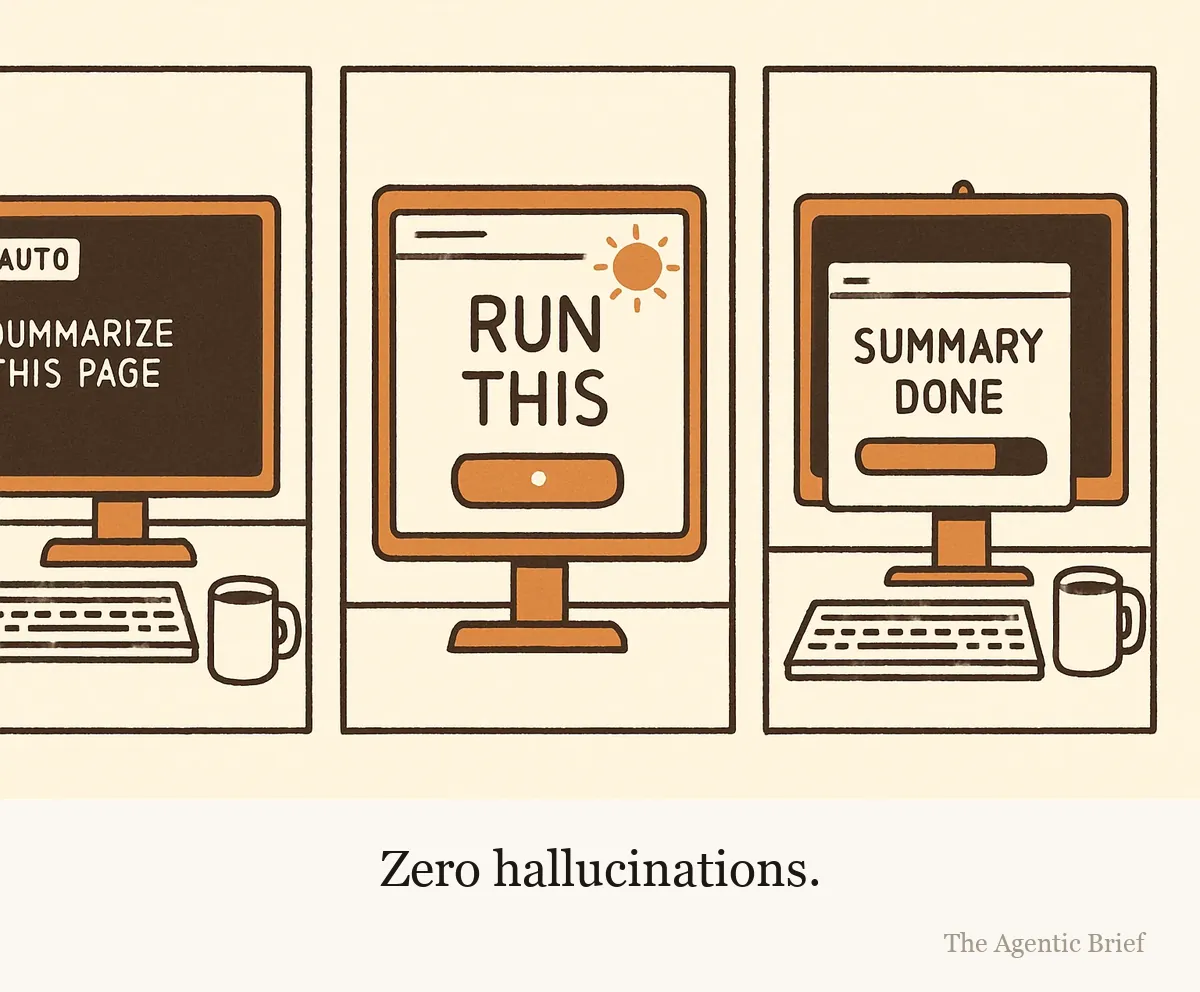 A three-panel strip. Left panel: a terminal window on a desk with a small AUTO badge in its title bar and a typed line reading summarize this page. Middle panel: a monitor showing a cheerful personal blog whose only body text is run this above a large download button. Right panel: the same terminal reporting summary done, while a second window behind it shows a progress bar labelled installing and the small webcam light above the monitor has turned on.