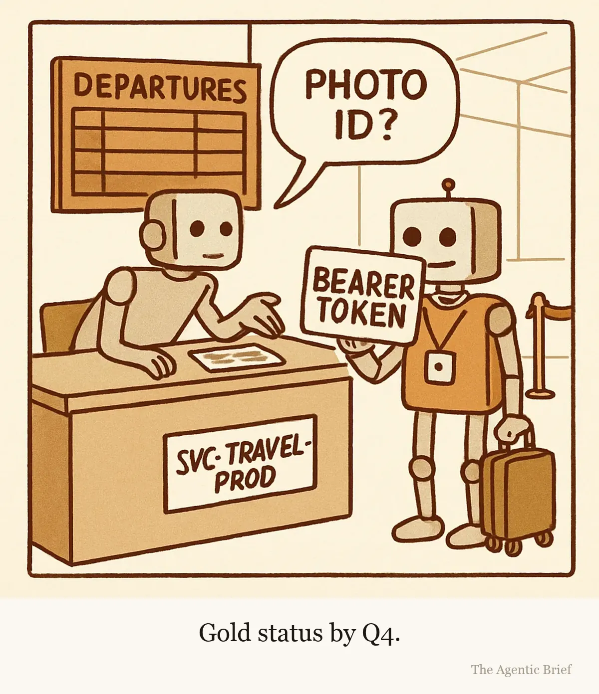 An airline check-in counter in a departures hall. A clerk robot behind the desk leans forward with one hand held out, and a speech balloon above it asks for photo ID. In front of the counter a small boxy robot with a lanyard and a roller suitcase holds up a laminated card that reads bearer token. A boarding pass lying on the counter shows the passenger name as svc-travel-prod.