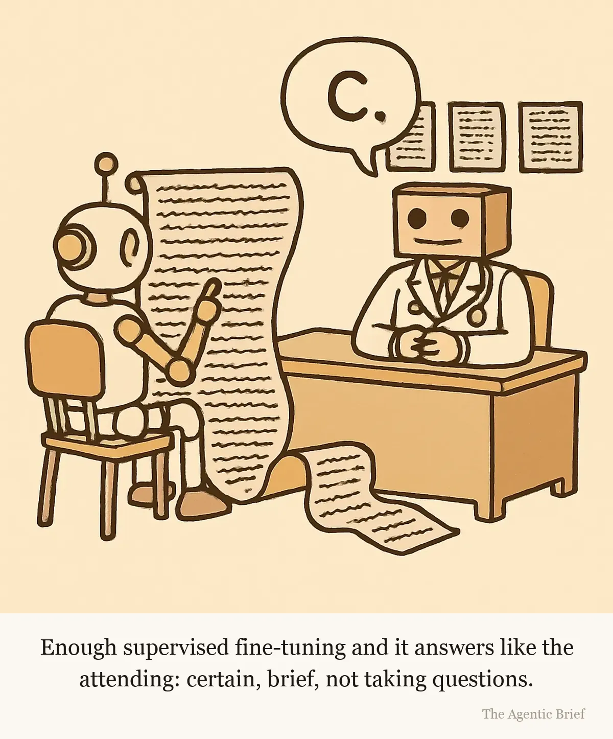 A robot doctor behind a consultation desk answers a patient's floor-length scroll of a question with a speech balloon containing only the letter C. Framed pages of dense handwriting hang on the wall behind it like diplomas.