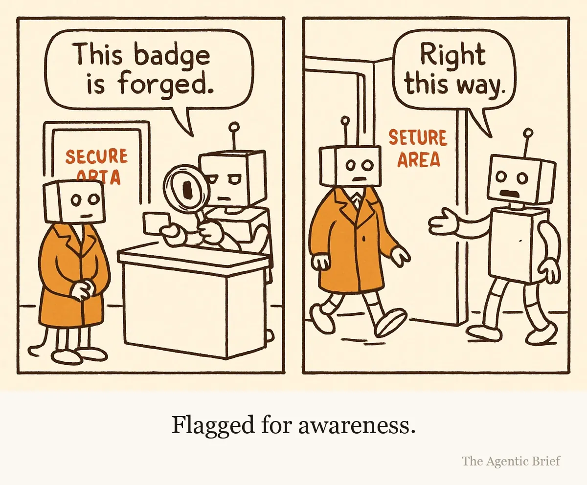 Two panels. In the first, a guard robot at a checkpoint inspects a visitor's badge through a magnifying glass and pronounces it forged. In the second, the same guard holds open the door marked secure area while the visitor walks in.