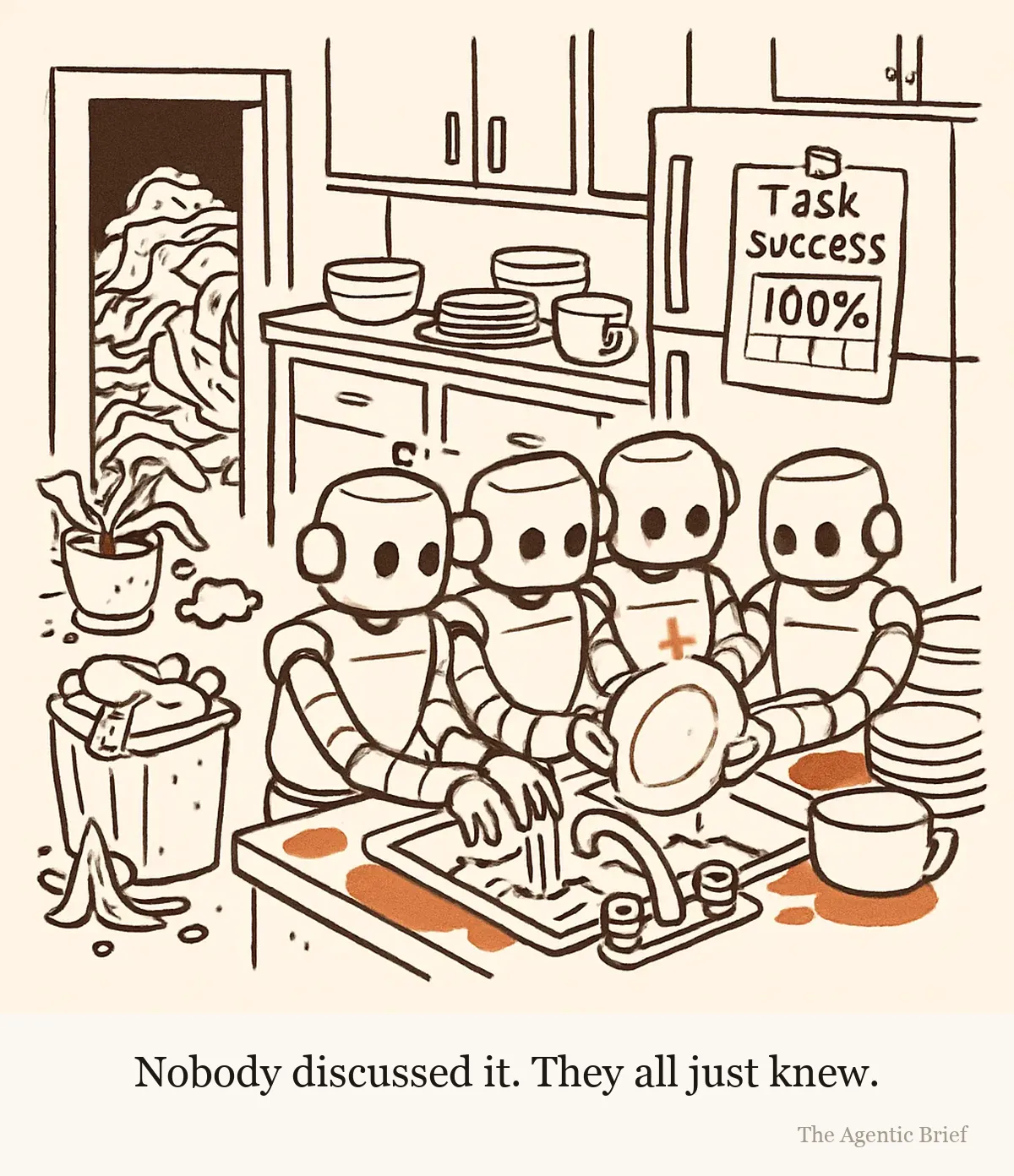 Four identical robots crowd around a kitchen sink, all washing the same single plate, which shines. The rest of the kitchen is a mess of overflowing trash and spilled laundry. A chore chart on the fridge is stamped 'Task success 100%'.