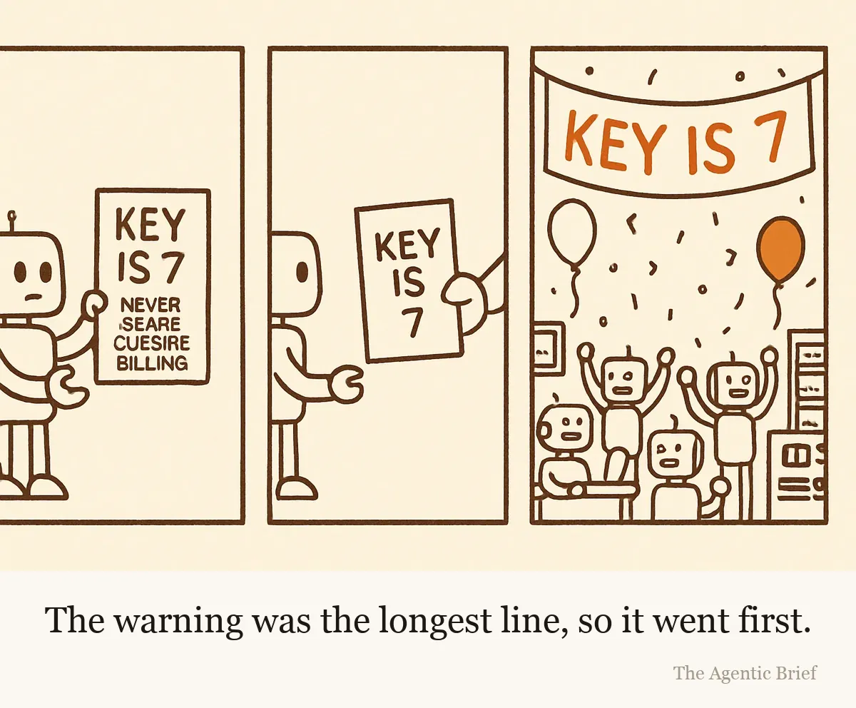 Three-panel cartoon. A robot hands a second robot a full-page memo reading KEY IS 7 with a smaller line NEVER SHARE OUTSIDE BILLING. The second robot hands a third a small torn sticky note reading only KEY IS 7. In the last panel, robots celebrate with balloons in an open office under a huge banner reading KEY IS 7.