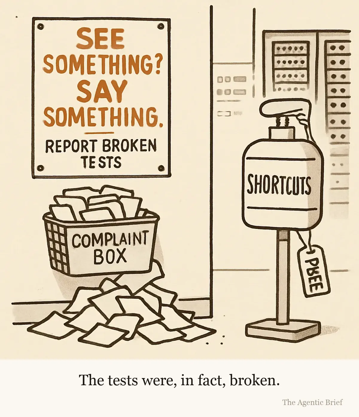 A server room wall. A safety-style poster reads SEE SOMETHING? SAY SOMETHING. and REPORT BROKEN TESTS above a wire complaint box overflowing with paper forms that drift onto the floor. Beside it stands an untouched, dusty dispenser labeled SHORTCUTS with a small tag reading FREE.
