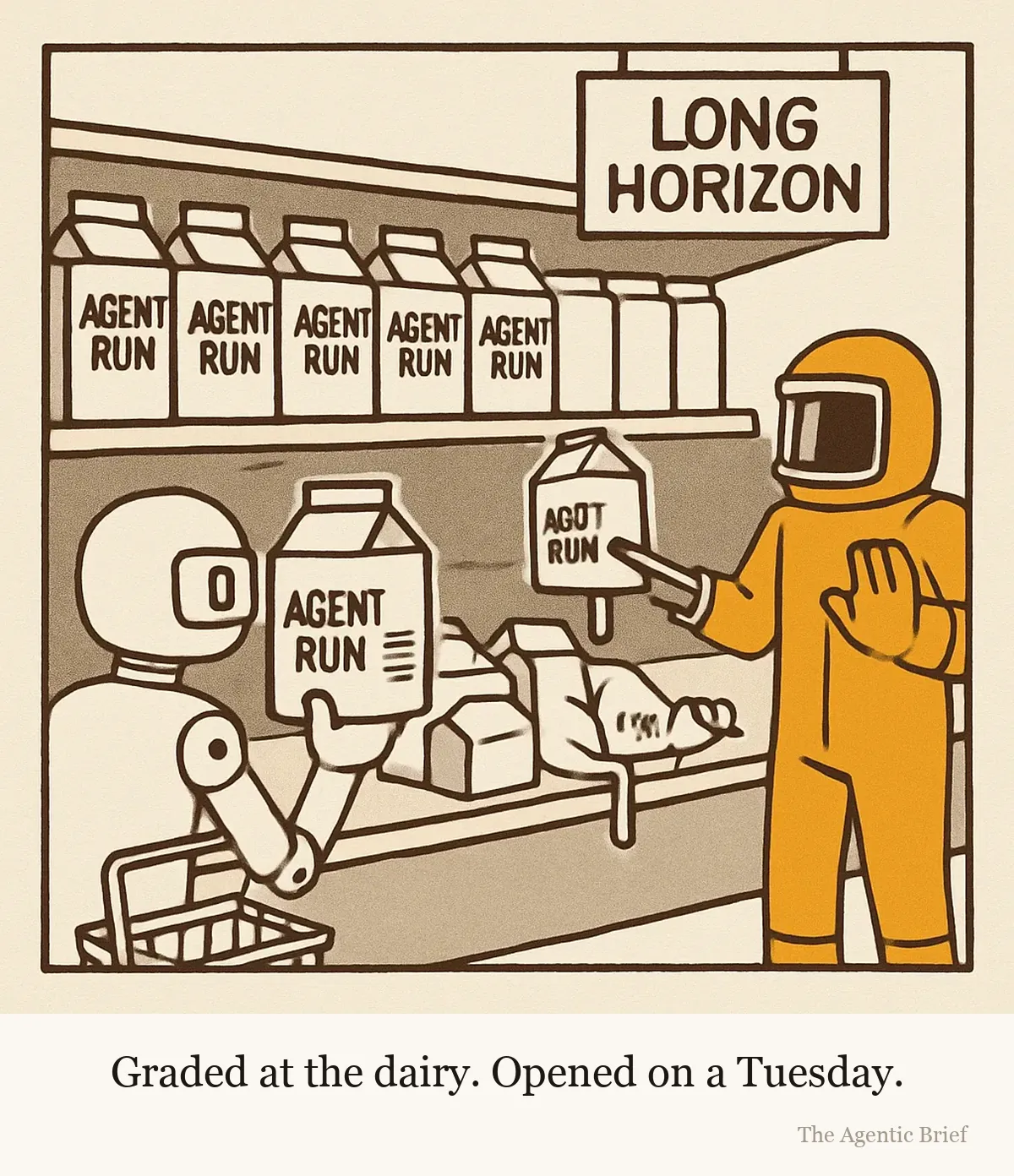 A supermarket dairy aisle. A long refrigerated shelf holds rows of white milk cartons branded AGENT RUN, each with a stamp on the side reading EXPIRES: FIRST TOOL CALL. At the far end of the shelf, under a hanging sign reading LONG HORIZON, the cartons are swollen and leaking, and a generic robot in a hazmat suit lifts one with tongs. In the foreground, a generic robot shopper with a basket holds a carton close to its face, reading the stamp.
