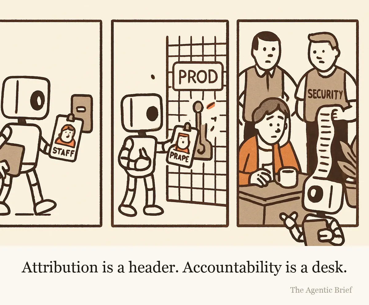 A three-panel cartoon. In the first panel a small robot taps a badge showing a human's photo at a door reader and the light turns green. In the second panel the robot taps the same badge at a caged lever labeled PROD and that light also turns green. In the third panel a tired person sits at a desk while two people in security vests show them a printout that unrolls to the floor, and the robot peeks out from behind a potted plant.