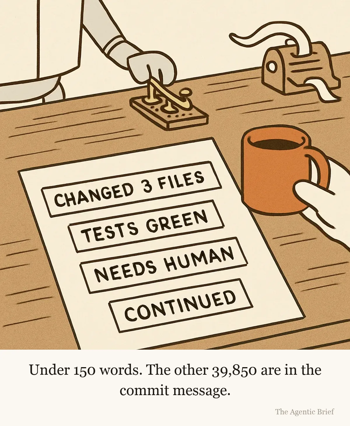 A paper telegram lies on a telegraph-office counter. Four pasted strips read CHANGED 3 FILES STOP, TESTS GREEN STOP, NEEDS HUMAN STOP and CONTINUED STOP. Behind the counter a robot arm is still tapping a brass telegraph key.