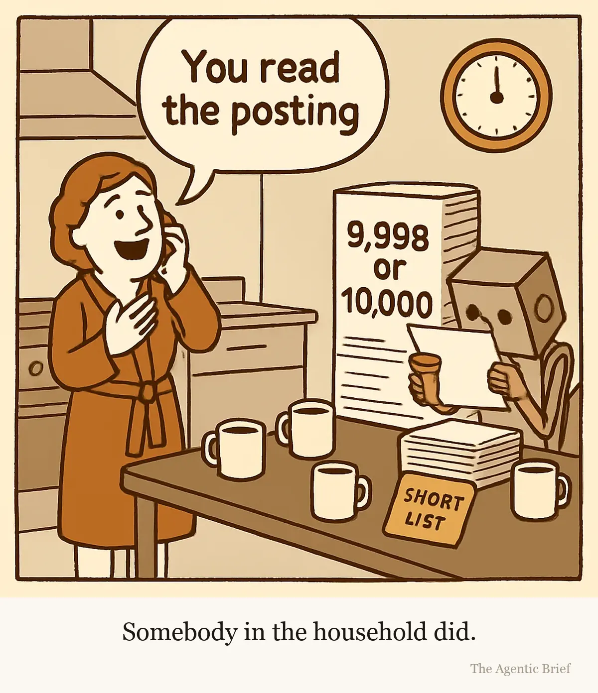 A small kitchen at night. A person in a dressing gown holds a phone to their ear, beaming, and a speech balloon from the phone reads you read the posting. Behind them a small robot sits at the kitchen table hunched over a tall stack of printed job postings with a highlighter. A sticky note on the tall stack reads 9,998 of 10,000, and a much shorter stack beside it has a sticky note reading shortlist. Three empty mugs sit on the table and the wall clock shows just after three.