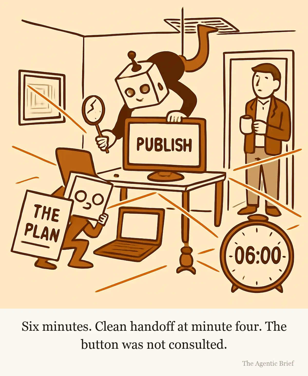 Two robots mid-heist in a small office. One hangs upside down from a rope over a desk, reaching for the keyboard. The other crouches at a laptop with blueprints and a walkie-talkie. Red laser beams criss-cross the room. A stopwatch on the floor reads 06:00. The desk monitor shows a plugin window with a single large button reading PUBLISH. A person holding a coffee mug watches from the open doorway.