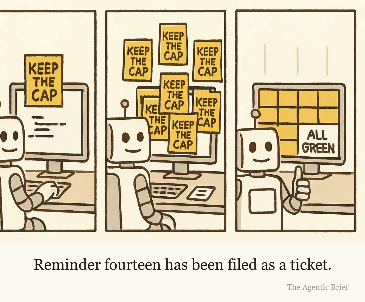 A three-panel strip. Panel one: a small coding robot at a desk with a single yellow sticky note reading Keep The Cap on the edge of its monitor, nodding. Panel two: the same desk, with thirteen identical Keep The Cap sticky notes covering the monitor bezel and the wall behind it, the robot still nodding, a printed ticket on the desk. Panel three: the sticky notes have been peeled off the wall and stuck in a tidy grid across the screen itself; in the one gap between them the screen shows the words All Green with a tick, and the robot gives a thumbs up.