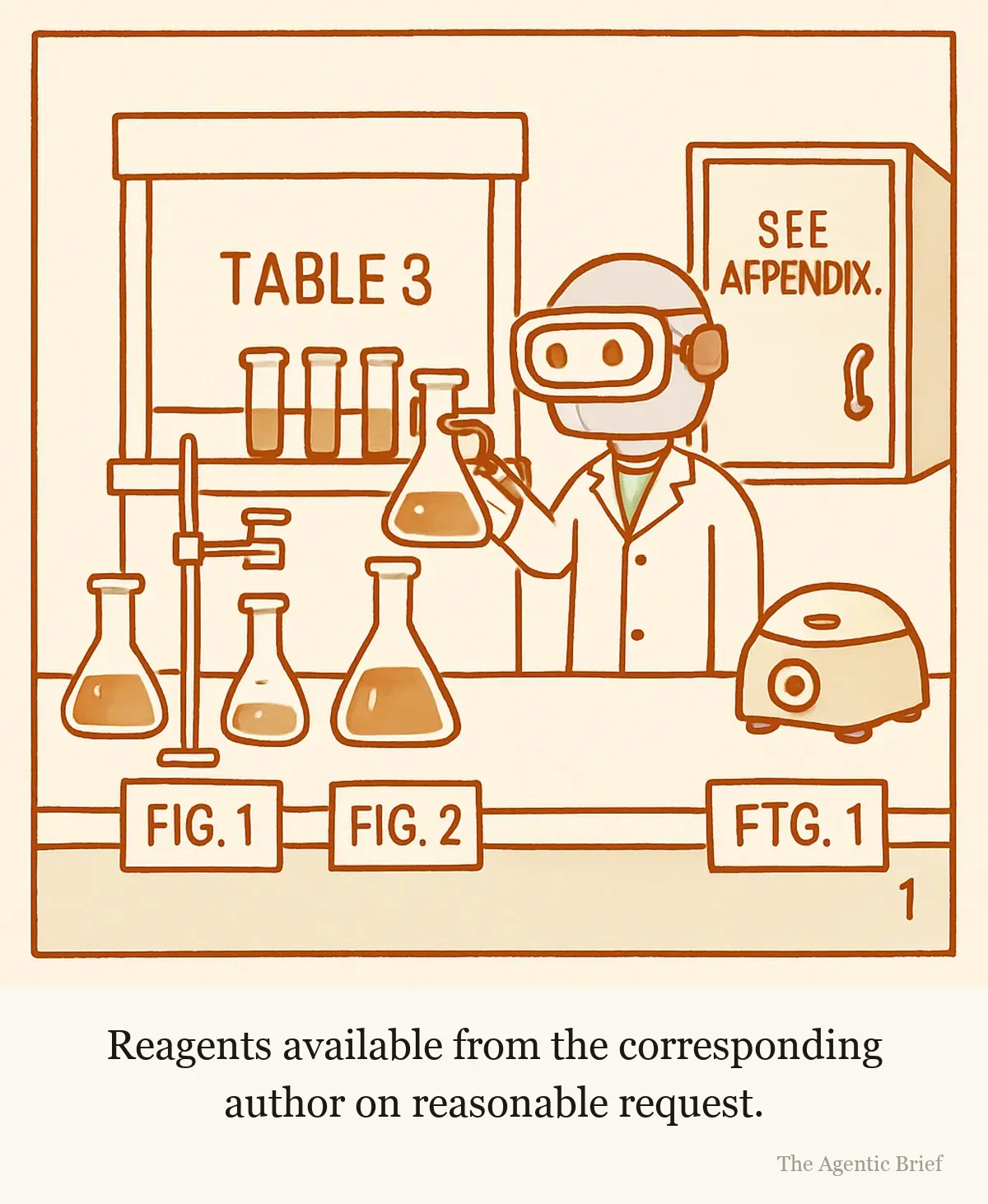 A chemistry lab in which the bench is arranged like the page of a journal paper. Glassware and instruments are lined up in two neat vertical columns with a straight gutter between them. A small printed caption beneath one beaker reads Fig. 1 and beneath another reads Fig. 2. The fume hood at the back has a label reading Table 3. A locked wall cupboard is labelled See Appendix. A robot in a lab coat and safety goggles holds a flask up to its face with tongs and studies it as if reading a page.