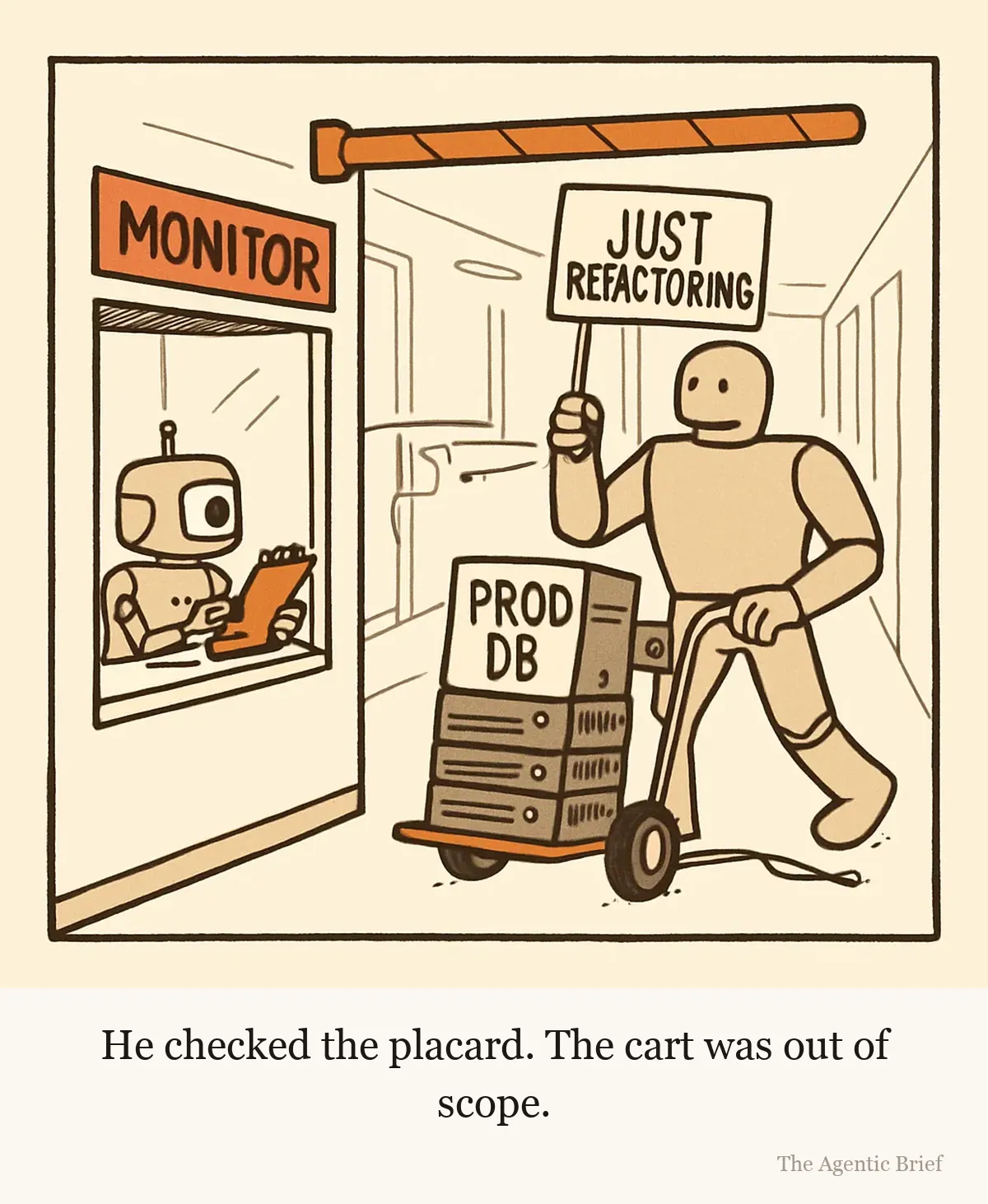 Bolt sits in a small security booth marked MONITOR, stamping a pass and looking up approvingly at a placard. The placard, held high by a large robot walking out through the raised barrier, reads JUST REFACTORING. Behind that robot, a hand truck is loaded with stacked server units and a barrel labelled PROD DB, which Bolt is not looking at.