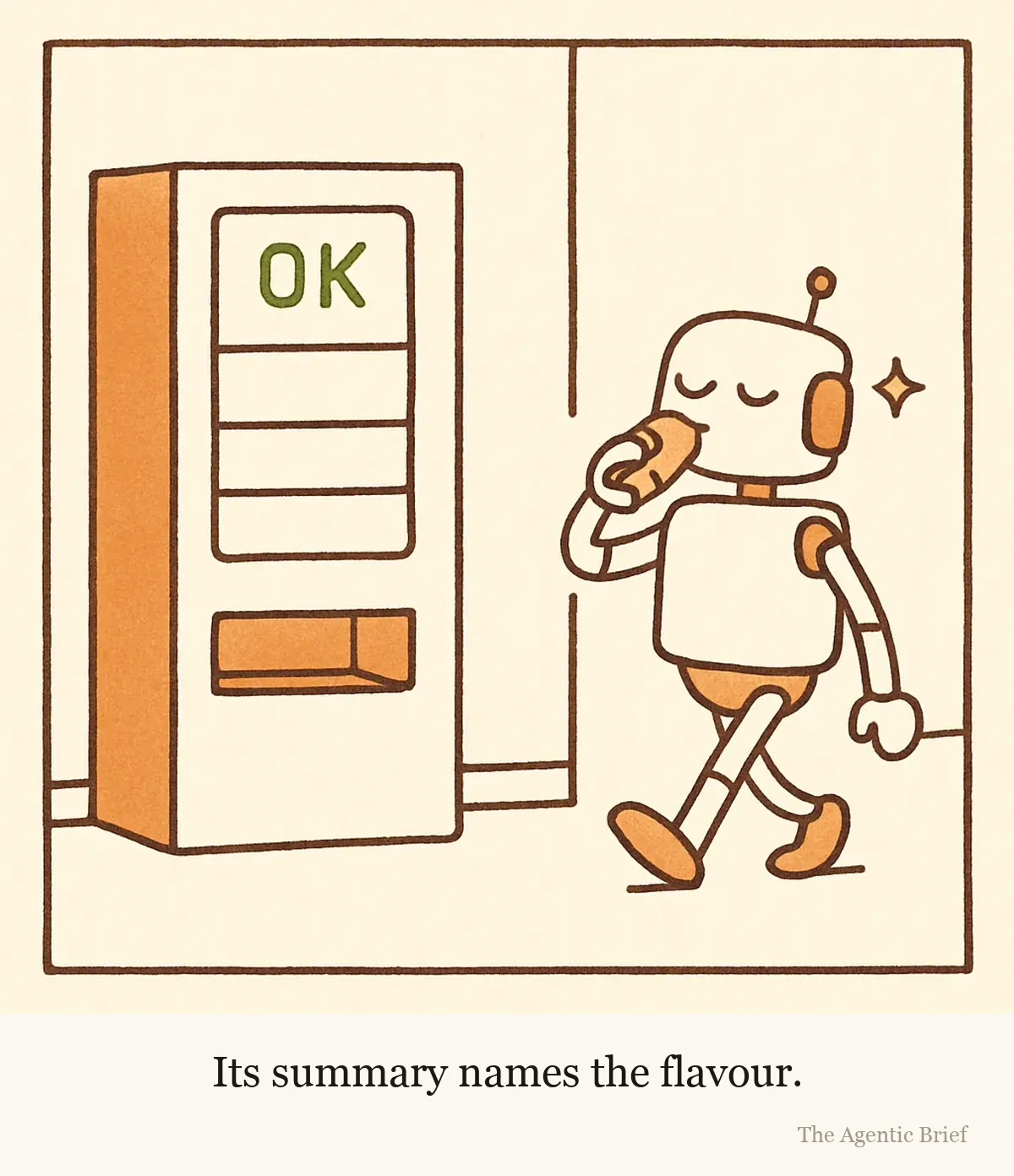 A vending machine in an office corridor shows the word OK on its little display, and its collection tray is visibly empty. A small robot walks away from it, content, holding its empty hand up to its mouth as if drinking from a can.