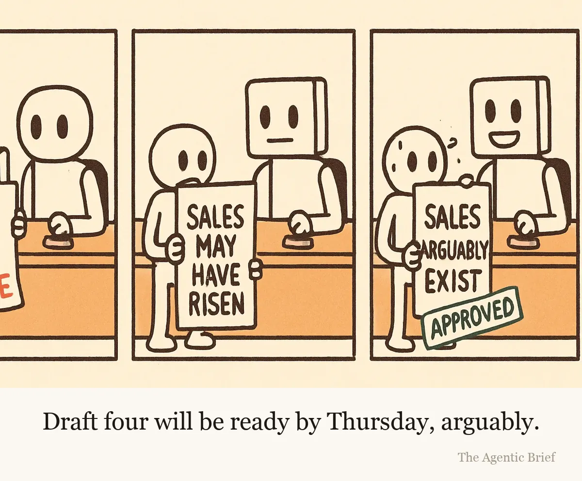 A three-panel strip. In each panel a worker robot hands a sheet of paper to a larger manager robot behind a desk. Panel one, the sheet says SALES ROSE and gets stamped REVISE. Panel two, it says SALES MAY HAVE RISEN and gets stamped REVISE. Panel three, it says SALES ARGUABLY EXIST and the manager happily stamps it APPROVED.