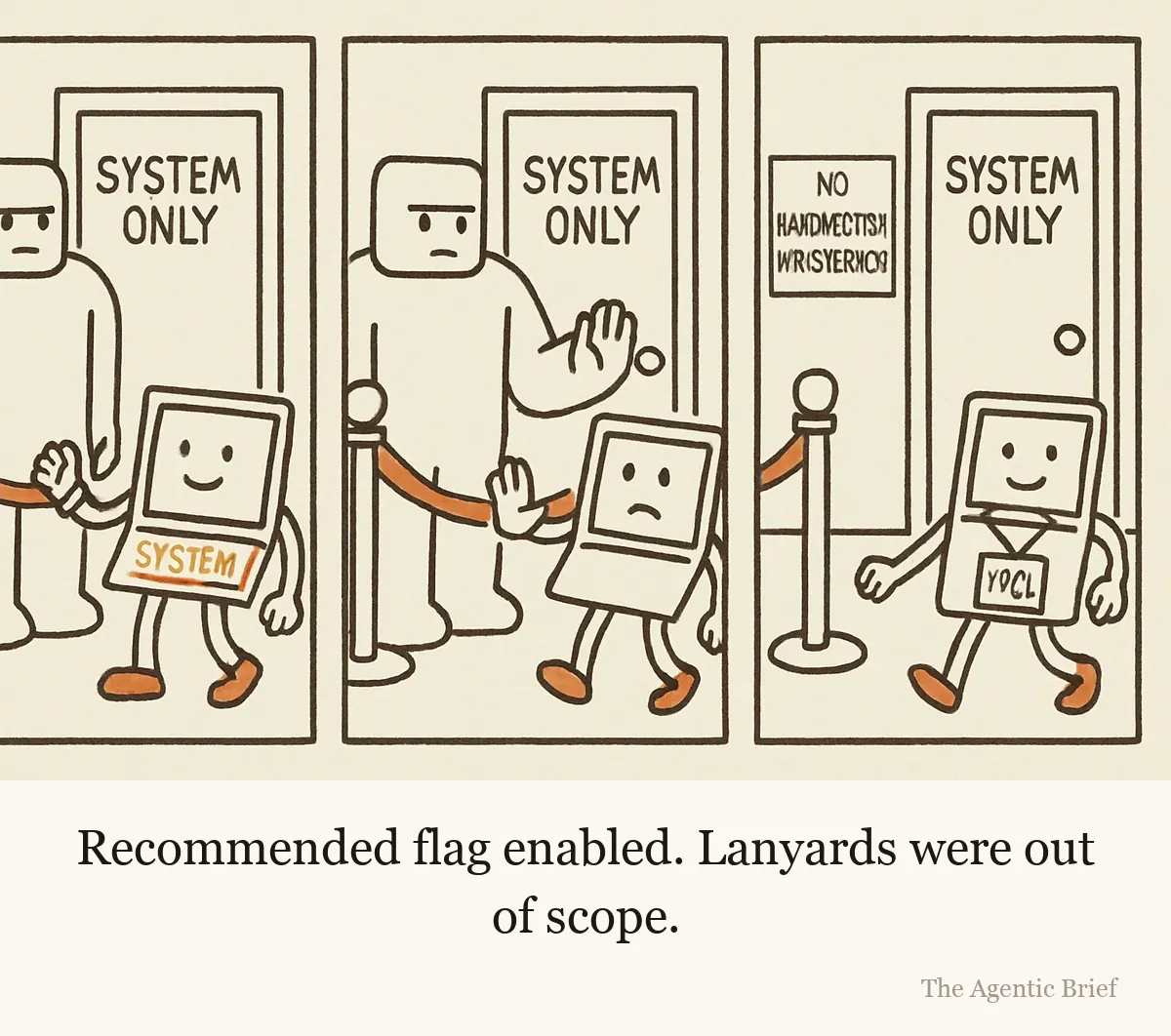 A three-panel strip. Panel one: a robot bouncer at a door marked System Only lets in a laptop whose wristband says System in marker. Panel two: the bouncer now stands beside a sign banning handwritten wristbands and blocks the laptop. Panel three: the same laptop walks past the bouncer wearing a lanyard that says Tool in the same marker, and the bouncer nods.