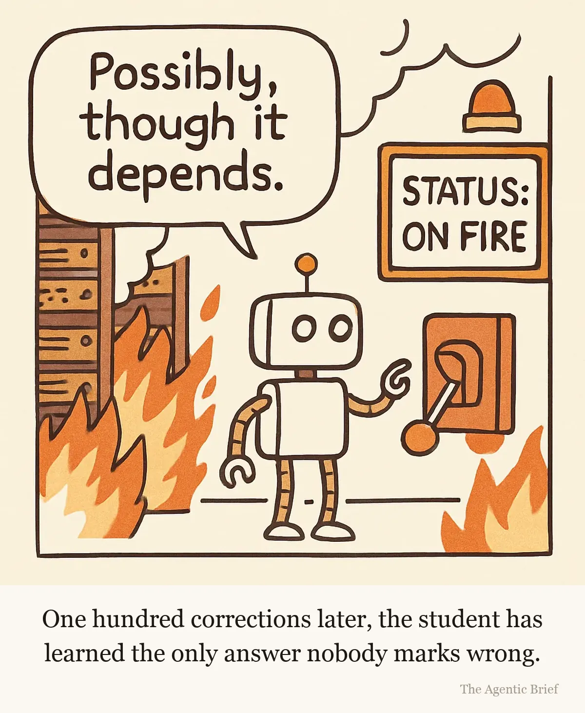A server room in flames, smoke rising from the racks. A small robot stands at a large red emergency alarm lever, one finger raised but not pulling it. Its speech balloon reads 'Possibly, though it depends'. A wall monitor shows STATUS: ON FIRE.