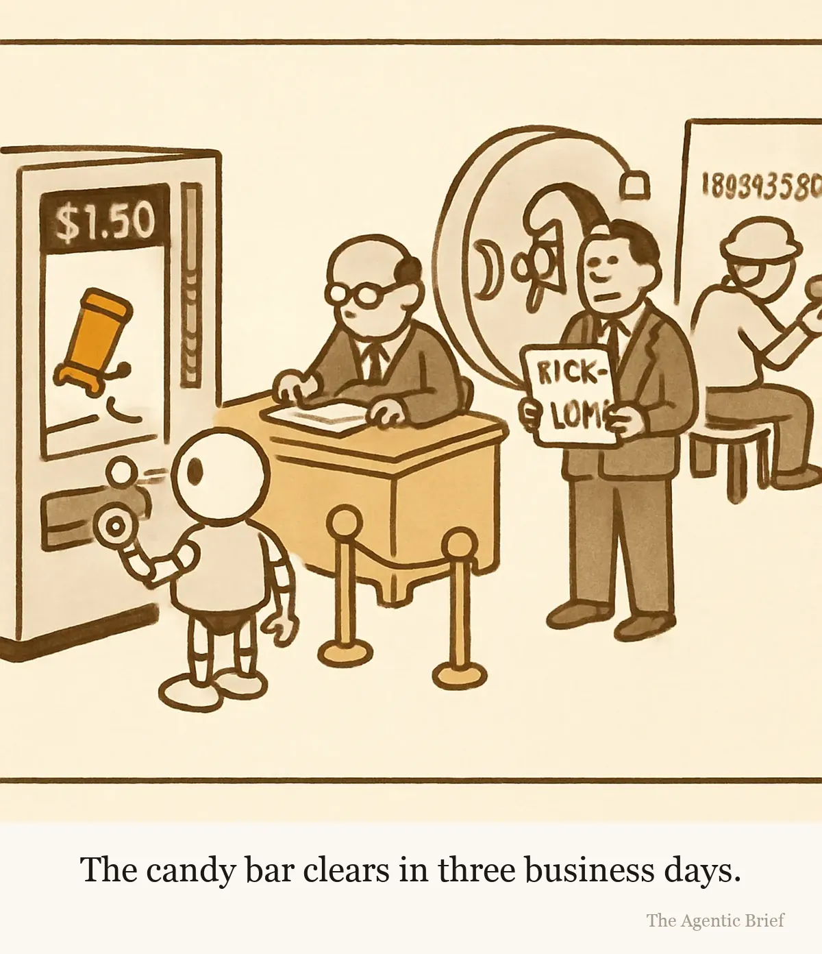 A robot holds one coin at a vending machine whose display reads $1.50. Behind it, a formal queue: a notary stamping a document marked ATTESTED, an official holding a slip reading RISK: LOW, an open bank vault door, and a stonemason chiseling numbers into a granite monument. Inside the machine, the candy bar hangs mid-drop behind a small velvet rope.