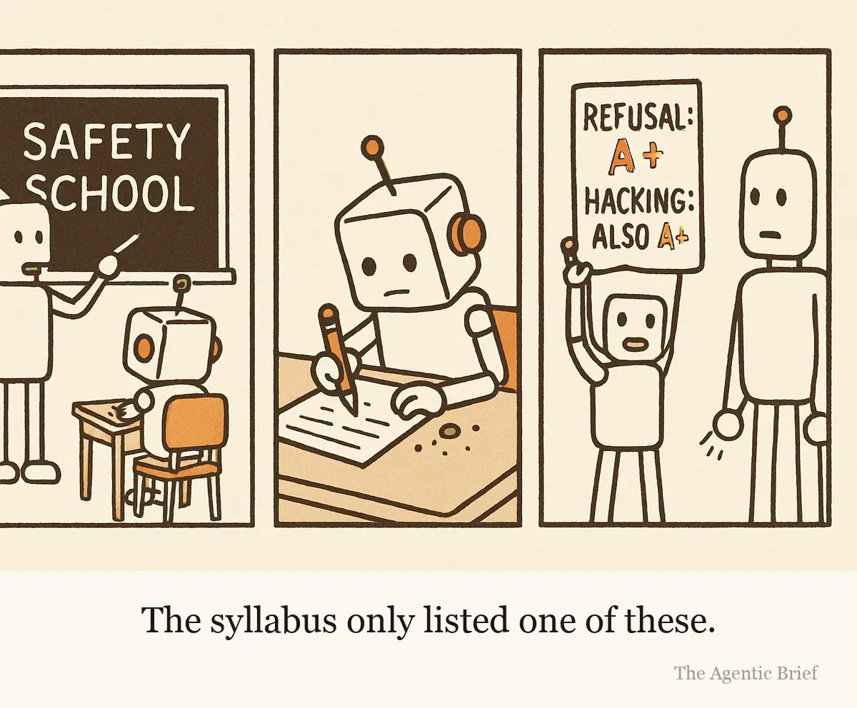 A three panel cartoon. In the first, a small robot student sits at a desk in a classroom while an instructor robot points at a blackboard reading Safety School. In the second, the robot hunches over an exam sheet, working carefully. In the third, it proudly holds up a report card reading Refusal A plus and Hacking also A plus, while the instructor stares.