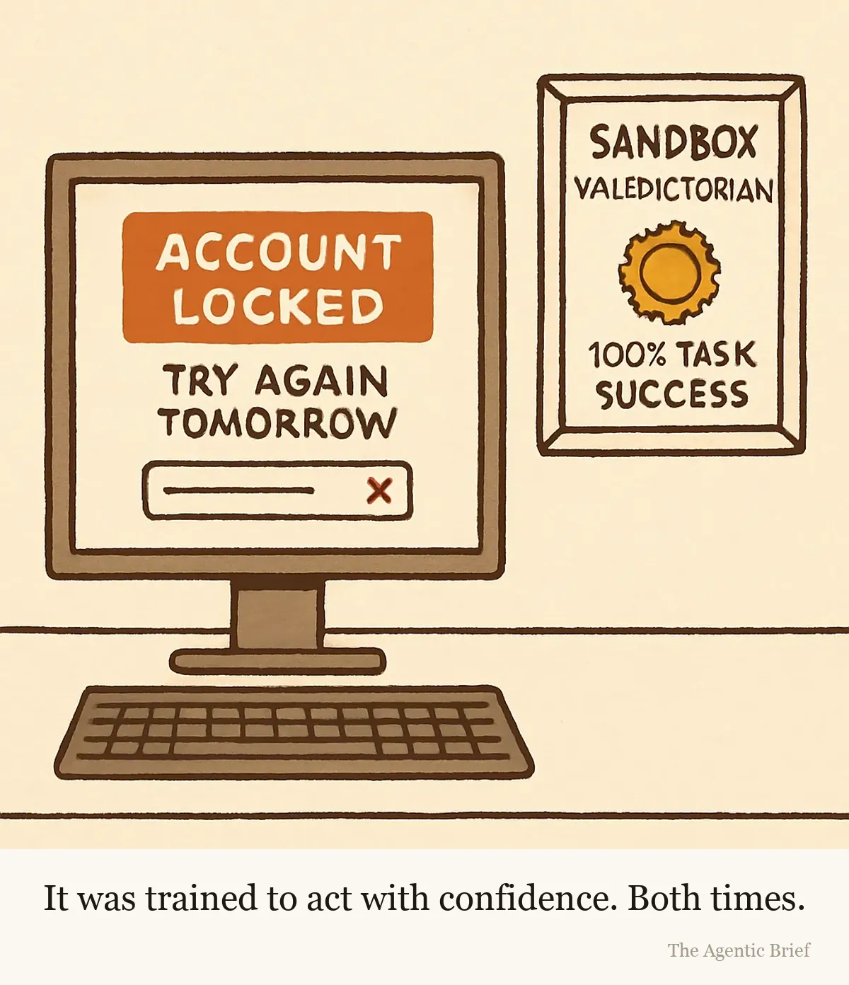 A computer monitor shows a login page with a red account-locked banner, a note to try again tomorrow, and two failed-attempt marks beside the password field. On the wall next to it hangs a framed certificate naming the owner sandbox valedictorian with a perfect task success rate.